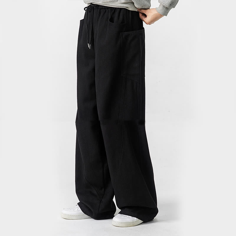 Fall Pure Color Men's Wide Leg Cotton Drawstring Pants With Pockets - Image 32