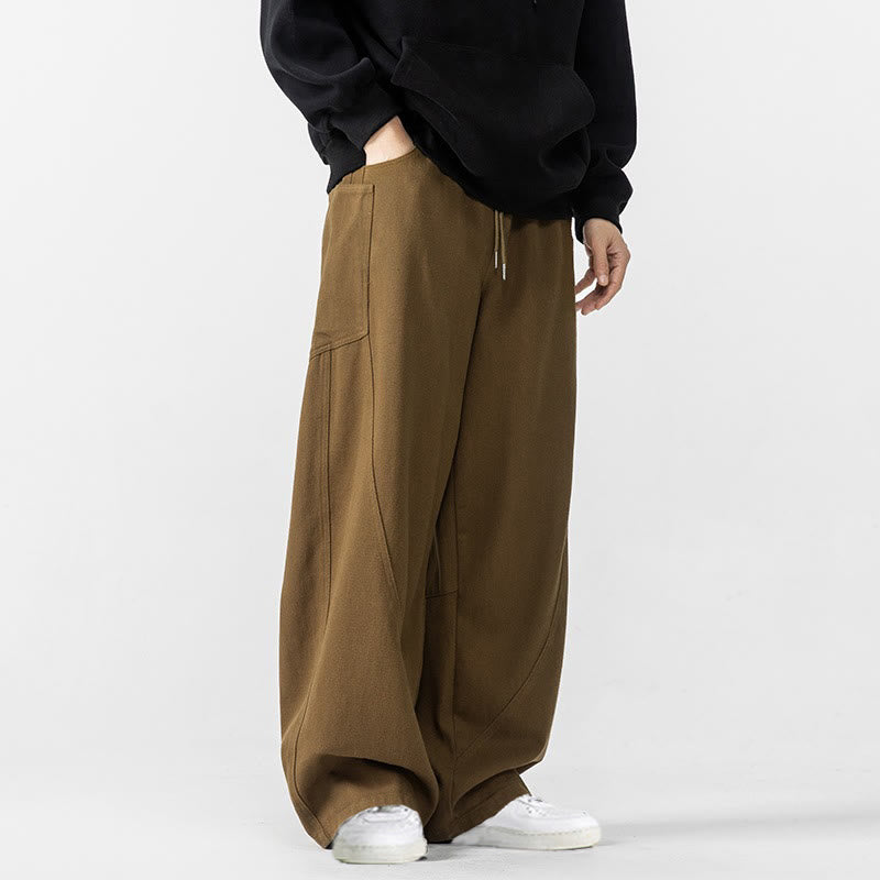 Fall Pure Color Men's Wide Leg Cotton Drawstring Pants With Pockets - Image 24