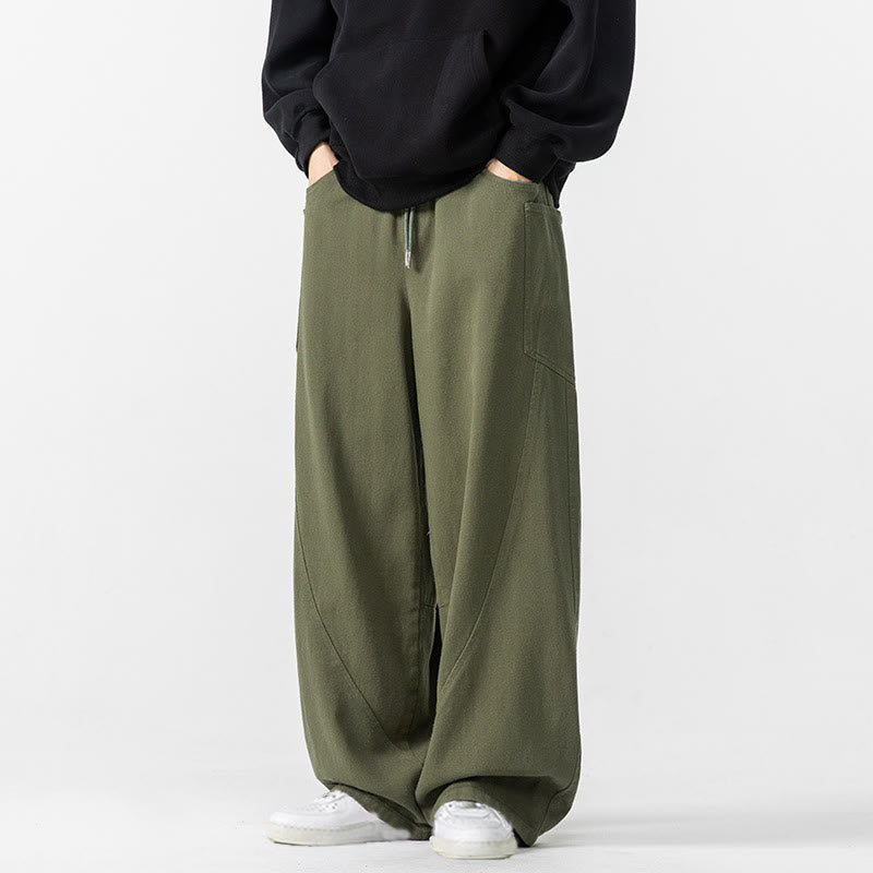 Fall Pure Color Men's Wide Leg Cotton Drawstring Pants With Pockets - Image 14