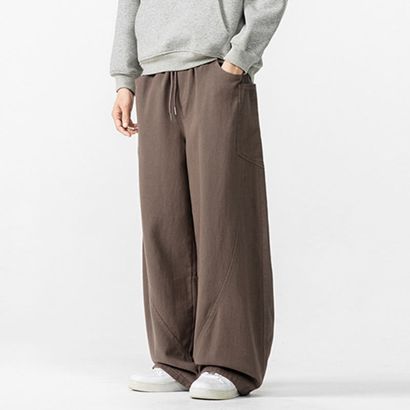Fall Pure Color Men's Wide Leg Cotton Drawstring Pants With Pockets - Image 5