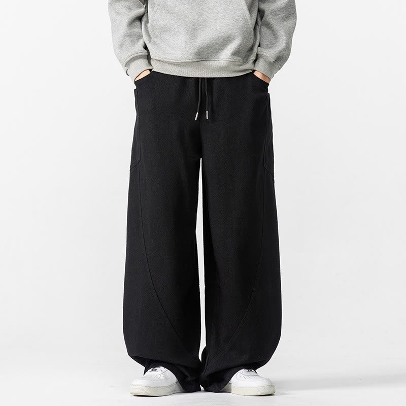 Fall Pure Color Men's Wide Leg Cotton Drawstring Pants With Pockets - Image 26