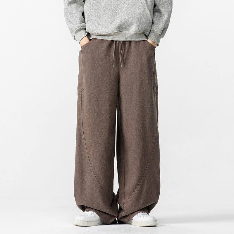 Fall Pure Color Men's Wide Leg Cotton Drawstring Pants With Pockets - Image 3