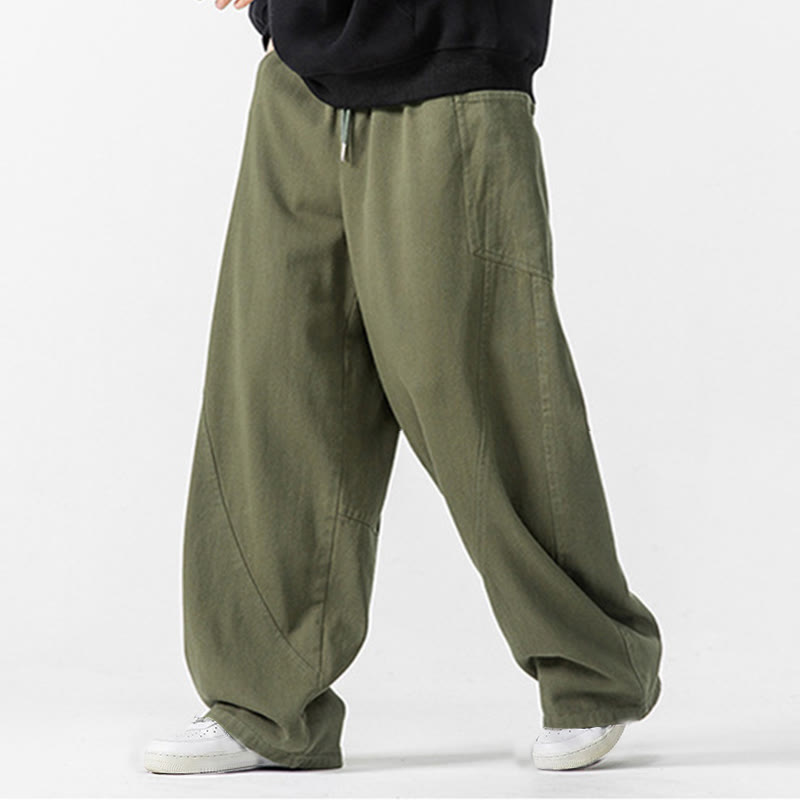 Fall Pure Color Men's Wide Leg Cotton Drawstring Pants With Pockets - Image 10