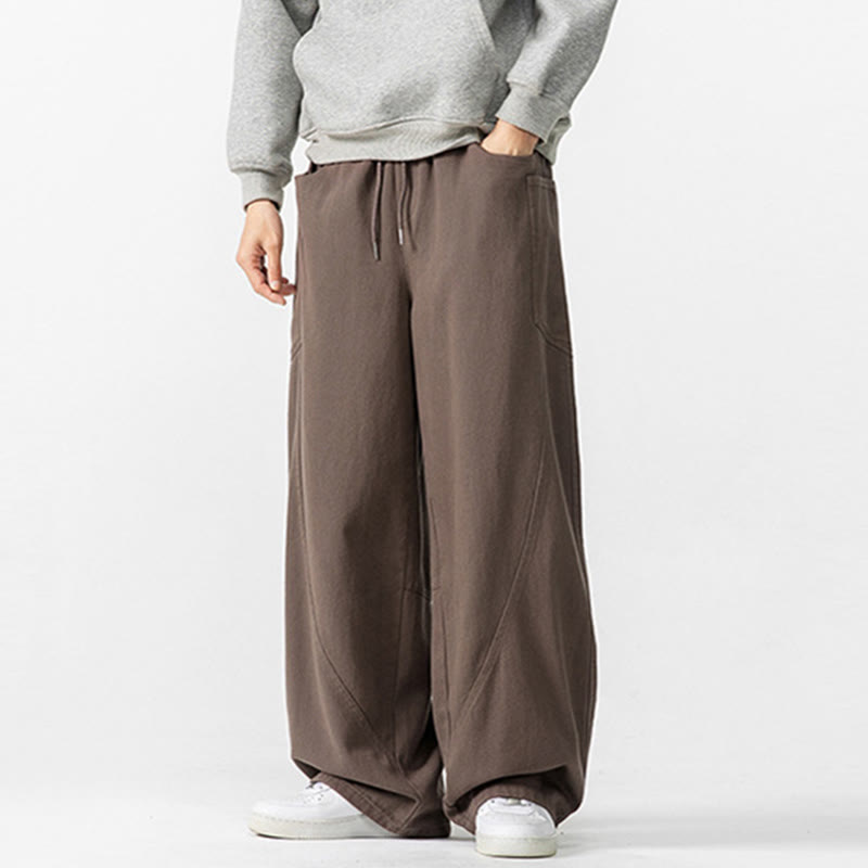 Fall Pure Color Men's Wide Leg Cotton Drawstring Pants With Pockets - Image 2
