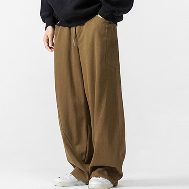 Fall Pure Color Men's Wide Leg Cotton Drawstring Pants With Pockets - Image 19