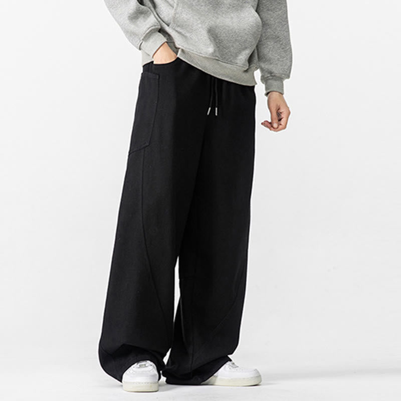 Fall Pure Color Men's Wide Leg Cotton Drawstring Pants With Pockets - Image 33