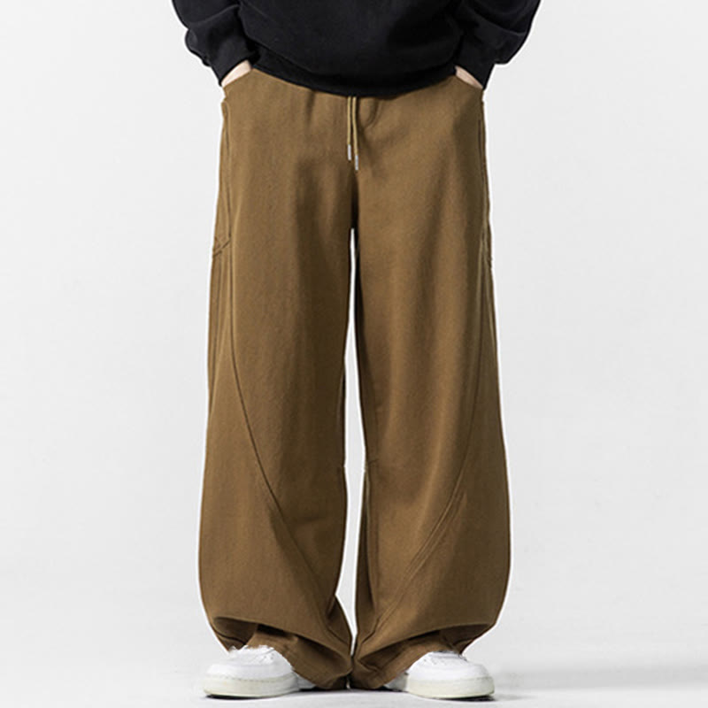 Fall Pure Color Men's Wide Leg Cotton Drawstring Pants With Pockets - Image 18