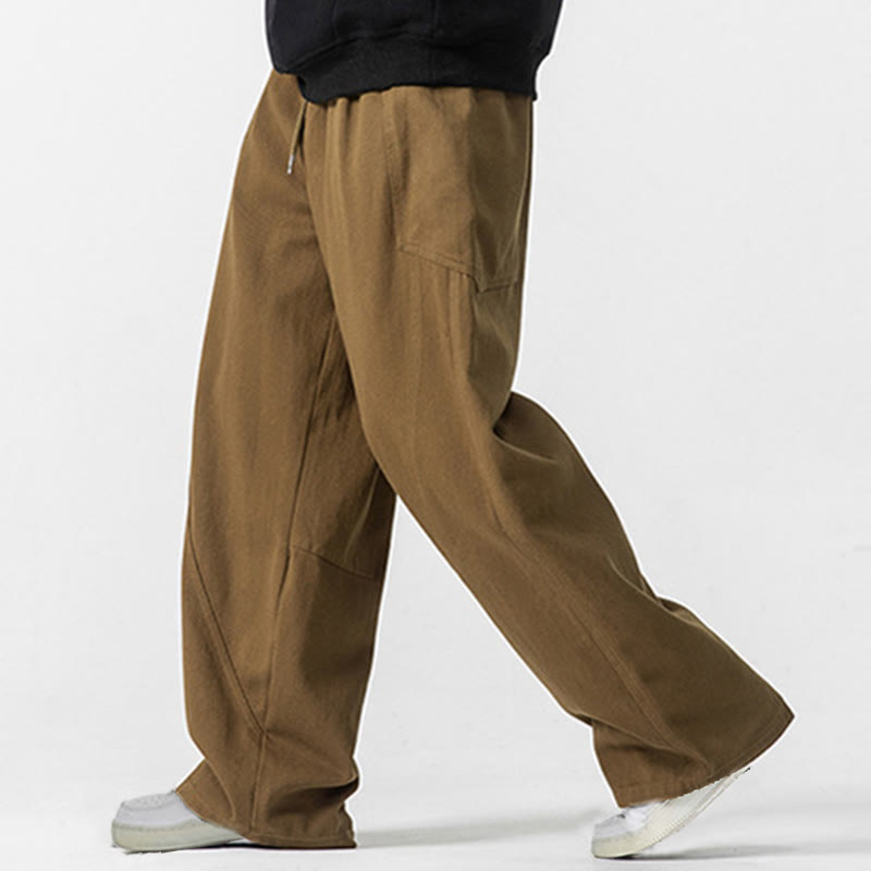 Fall Pure Color Men's Wide Leg Cotton Drawstring Pants With Pockets - Image 25