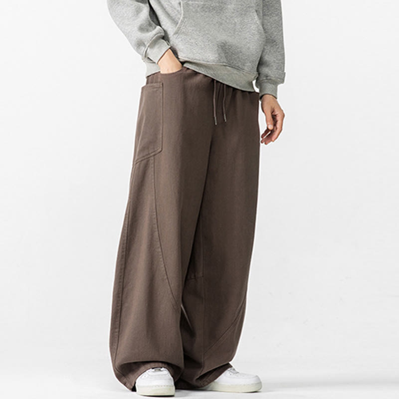 Fall Pure Color Men's Wide Leg Cotton Drawstring Pants With Pockets - Image 4