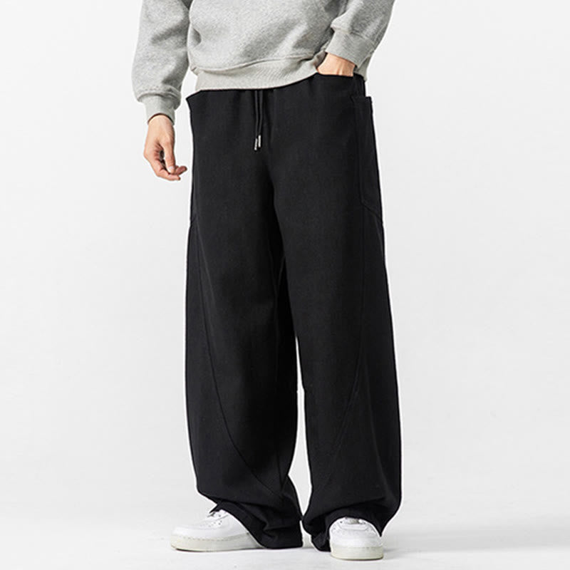 Fall Pure Color Men's Wide Leg Cotton Drawstring Pants With Pockets - Image 27