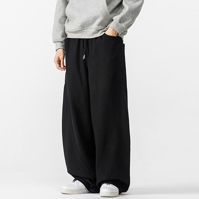 Fall Pure Color Men's Wide Leg Cotton Drawstring Pants With Pockets - Image 28