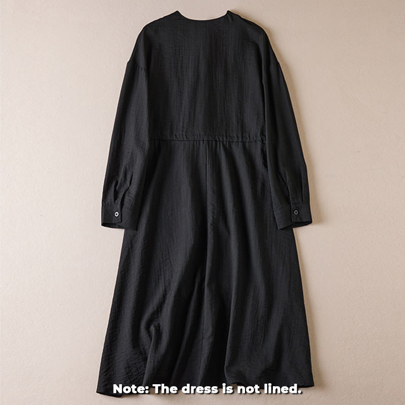 Pure Color Notched Collar Drawstring Cotton Long Sleeve Midi Dress With Pockets - Image 2
