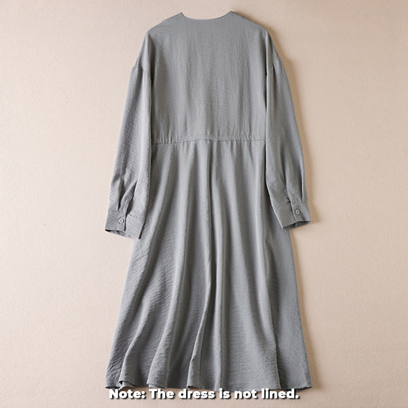 Pure Color Notched Collar Drawstring Cotton Long Sleeve Midi Dress With Pockets - Image 9