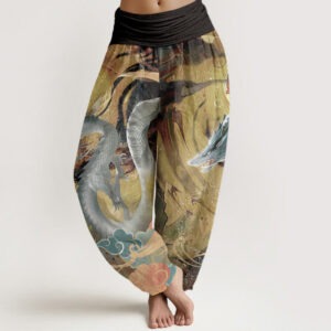 Pure Cotton Dragon Auspicious Clouds Pattern Women's Elastic Waist Harem Pants