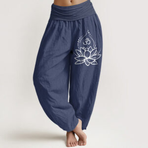 Blooming Lotus Om Symbol Pattern Women's Elastic Waist Harem Cotton Pants