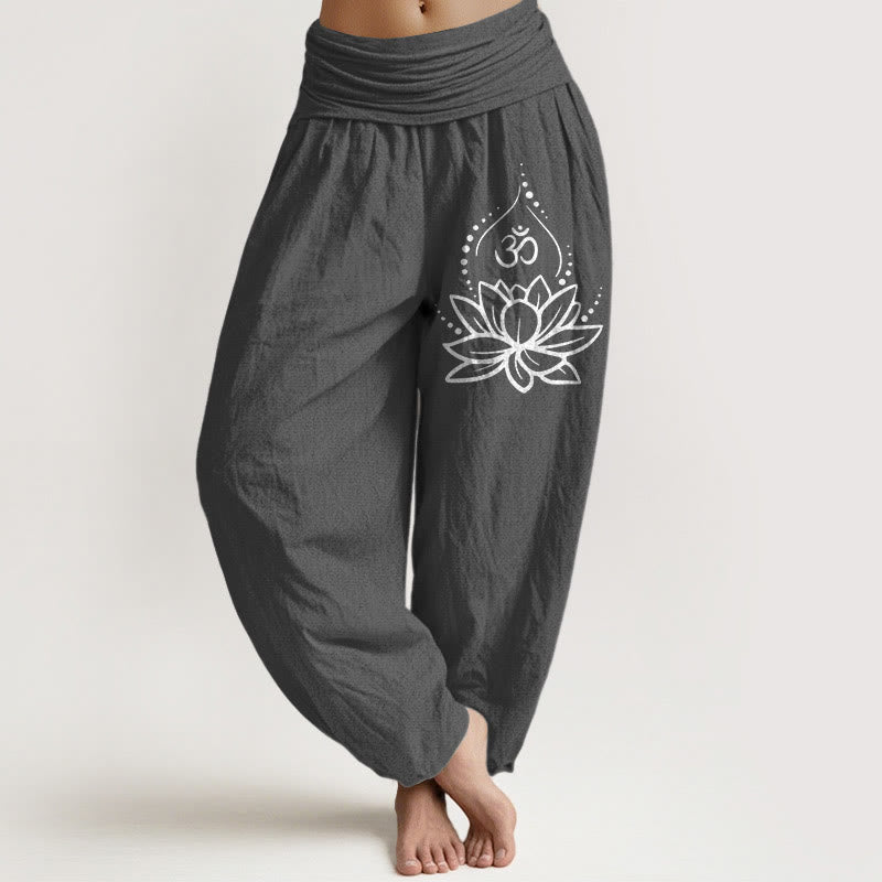 Blooming Lotus Om Symbol Pattern Women's Elastic Waist Harem Cotton Pants - Image 9
