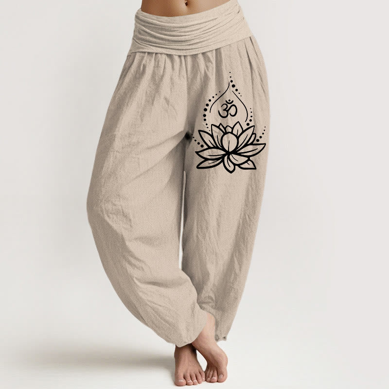 Blooming Lotus Om Symbol Pattern Women's Elastic Waist Harem Cotton Pants - Image 12