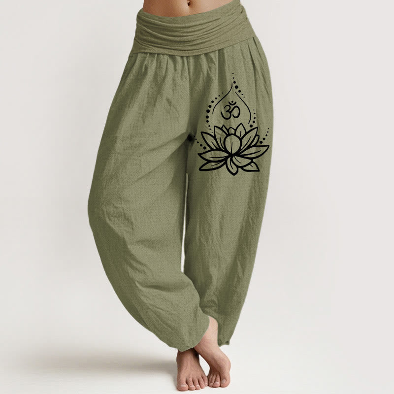 Blooming Lotus Om Symbol Pattern Women's Elastic Waist Harem Cotton Pants - Image 15
