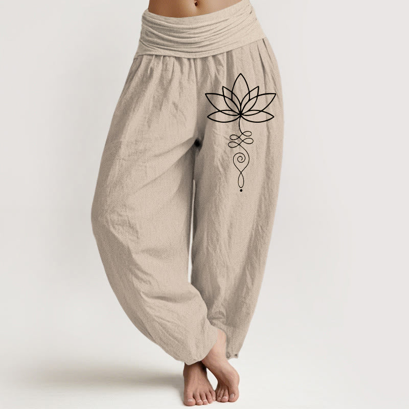 Lotus Unalome Symbol Pattern Women's Elastic Waist Harem Pure Cotton Pants