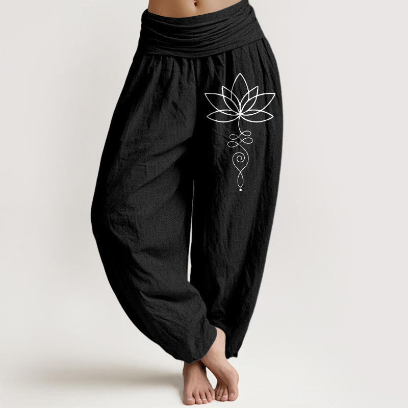 Lotus Unalome Symbol Pattern Women's Elastic Waist Harem Pure Cotton Pants - Image 6