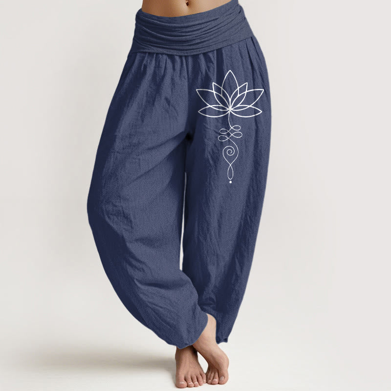 Lotus Unalome Symbol Pattern Women's Elastic Waist Harem Pure Cotton Pants - Image 9