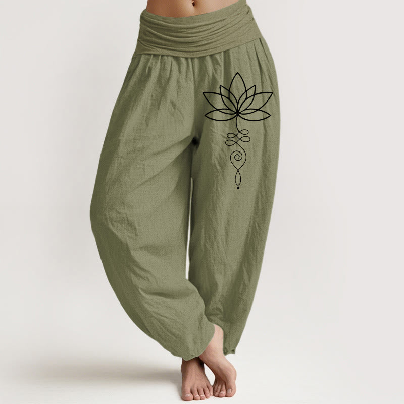 Lotus Unalome Symbol Pattern Women's Elastic Waist Harem Pure Cotton Pants - Image 15