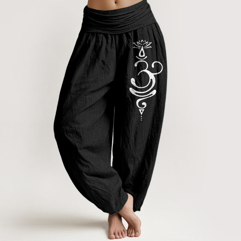 Lotus Flower Unalome Symbol Pattern Pure Cotton Women's Elastic Waist Harem Pants - Image 6