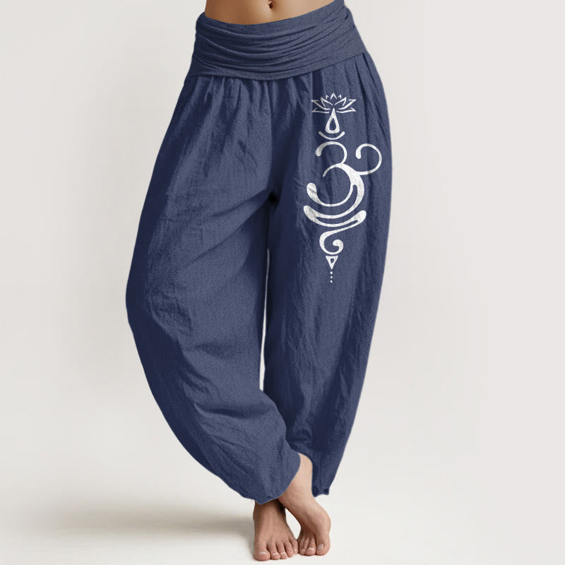 Lotus Flower Unalome Symbol Pattern Pure Cotton Women's Elastic Waist Harem Pants - Image 9