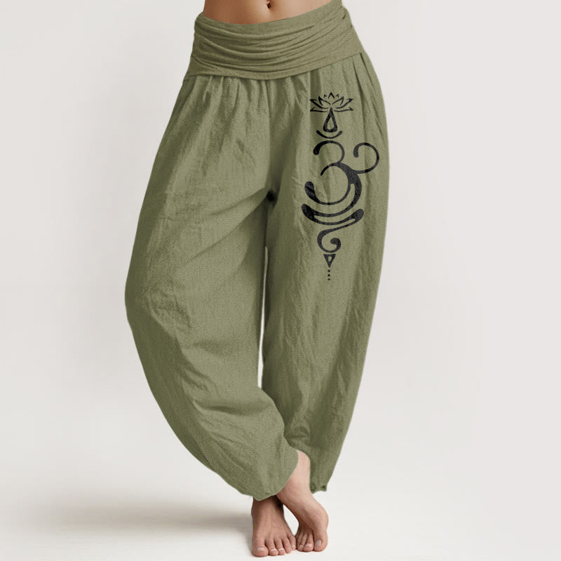 Lotus Flower Unalome Symbol Pattern Pure Cotton Women's Elastic Waist Harem Pants - Image 15
