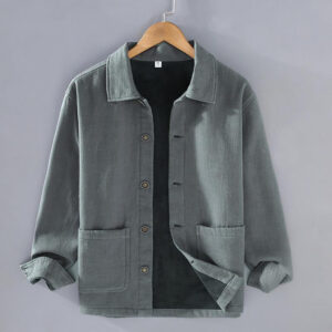 Men's Plain Long Sleeve Thermal Fleece-Lined Ramie Linen Cotton Jacket With Pockets