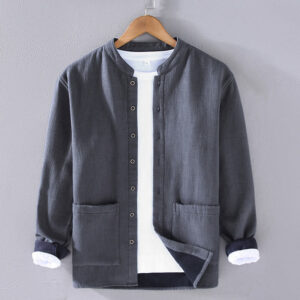 Men's Stnad Collar Long Sleeve Thermal Fleece-lined Ramie Cotton Jacket With Pockets - Image 3