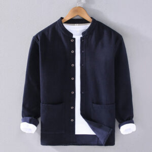 Men's Stnad Collar Long Sleeve Thermal Fleece-lined Ramie Cotton Jacket With Pockets - Image 4