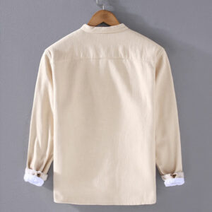 Men's Stnad Collar Long Sleeve Thermal Fleece-lined Ramie Cotton Jacket With Pockets - Image 6