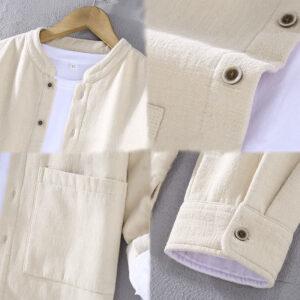 Men's Stnad Collar Long Sleeve Thermal Fleece-lined Ramie Cotton Jacket With Pockets - Image 16