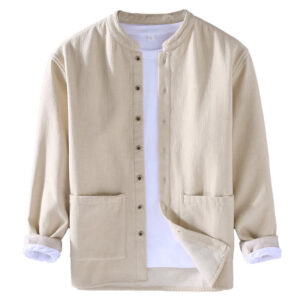 Men's Stnad Collar Long Sleeve Thermal Fleece-lined Ramie Cotton Jacket With Pockets - Image 17