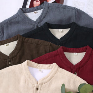 Men's Stnad Collar Long Sleeve Thermal Fleece-lined Ramie Cotton Jacket With Pockets - Image 19