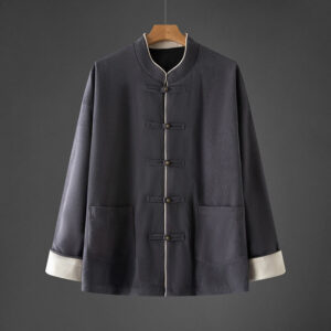 Men's Frog-Button Mandarin Collar Long Sleeve Cotton Jacket Tang Suit With Pockets