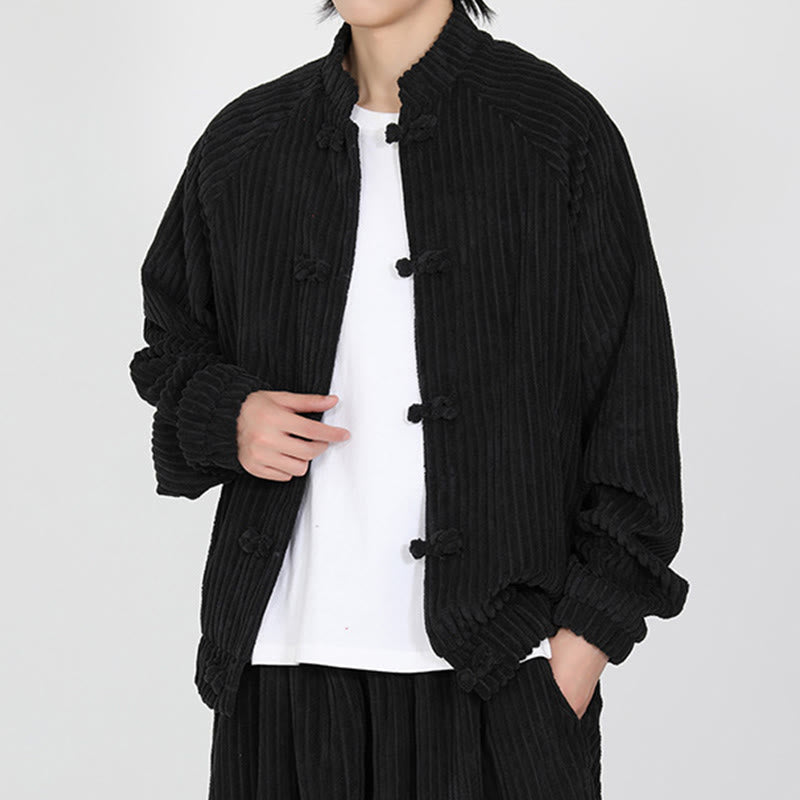 Men's Chinese Plain Frog-Button Long Sleeve Cotton Corduroy Jacket With Pockets - Image 4
