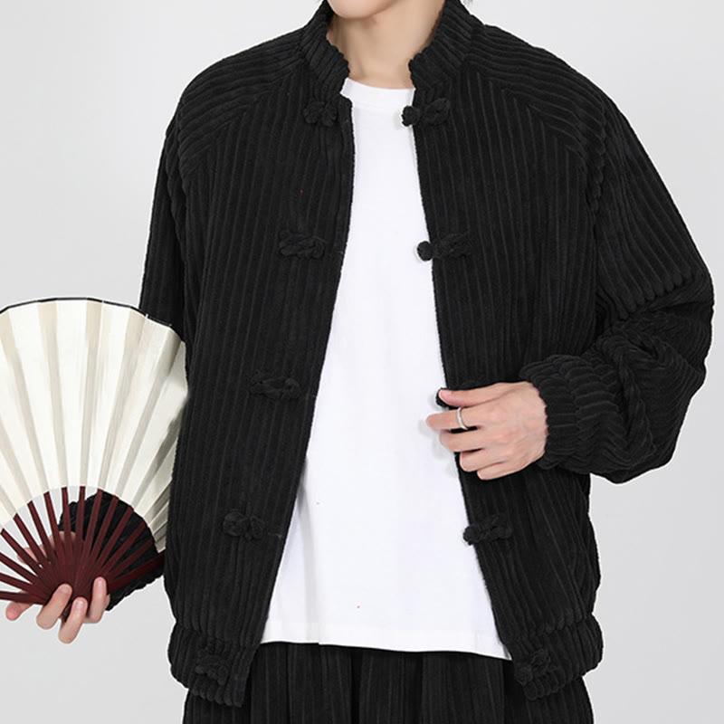 Men's Chinese Plain Frog-Button Long Sleeve Cotton Corduroy Jacket With Pockets - Image 5