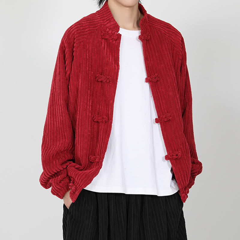 Men's Chinese Plain Frog-Button Long Sleeve Cotton Corduroy Jacket With Pockets - Image 9