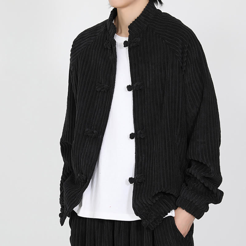 Men's Chinese Plain Frog-Button Long Sleeve Cotton Corduroy Jacket With Pockets - Image 3