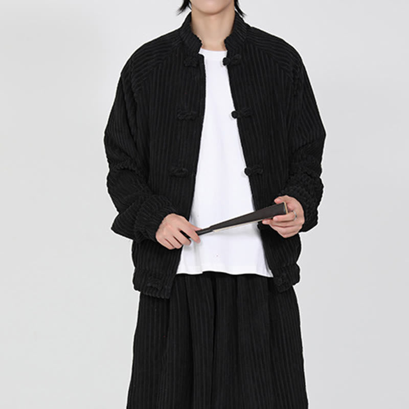 Men's Chinese Plain Frog-Button Long Sleeve Cotton Corduroy Jacket With Pockets - Image 6