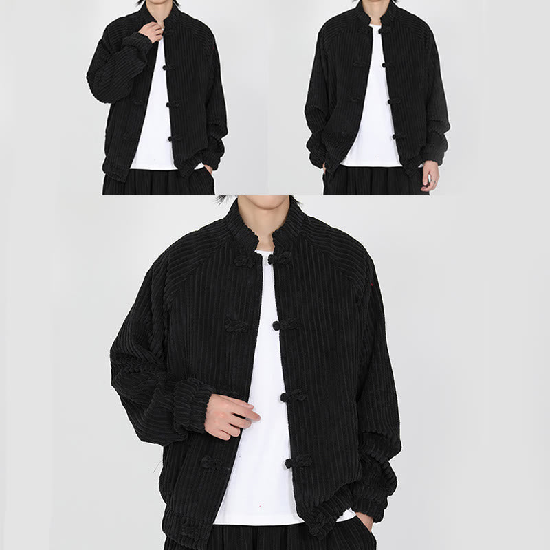 Men's Chinese Plain Frog-Button Long Sleeve Cotton Corduroy Jacket With Pockets - Image 7