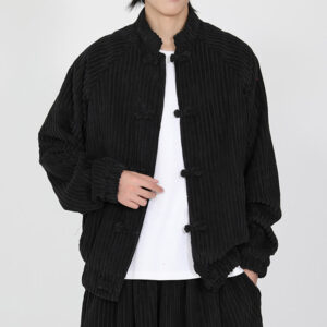 Men's Chinese Plain Frog-Button Long Sleeve Cotton Corduroy Jacket With Pockets