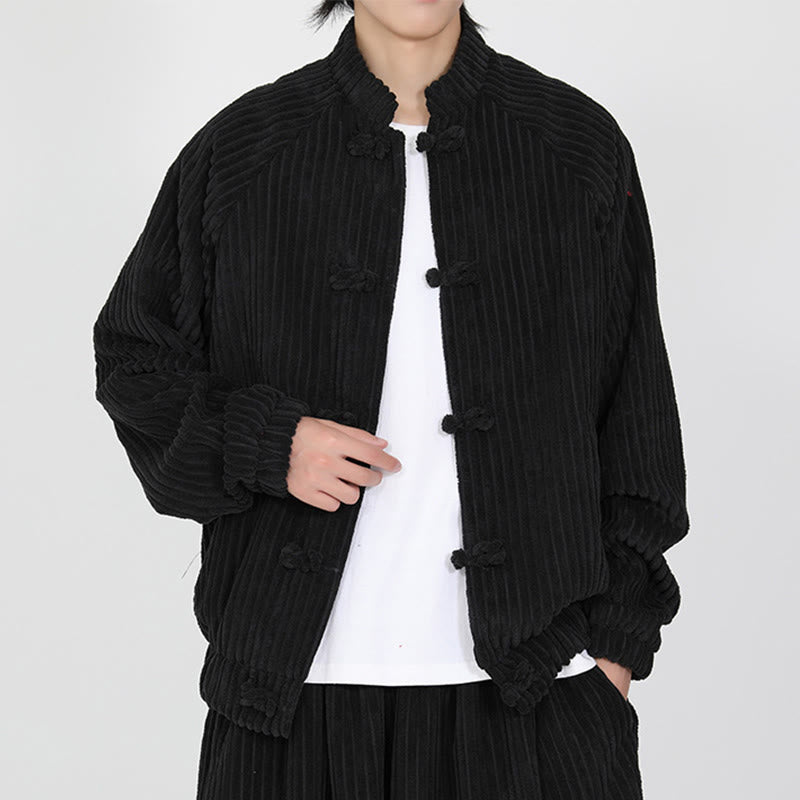 Men's Chinese Plain Frog-Button Long Sleeve Cotton Corduroy Jacket With Pockets