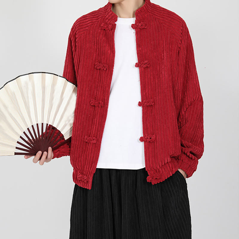 Men's Chinese Plain Frog-Button Long Sleeve Cotton Corduroy Jacket With Pockets - Image 12