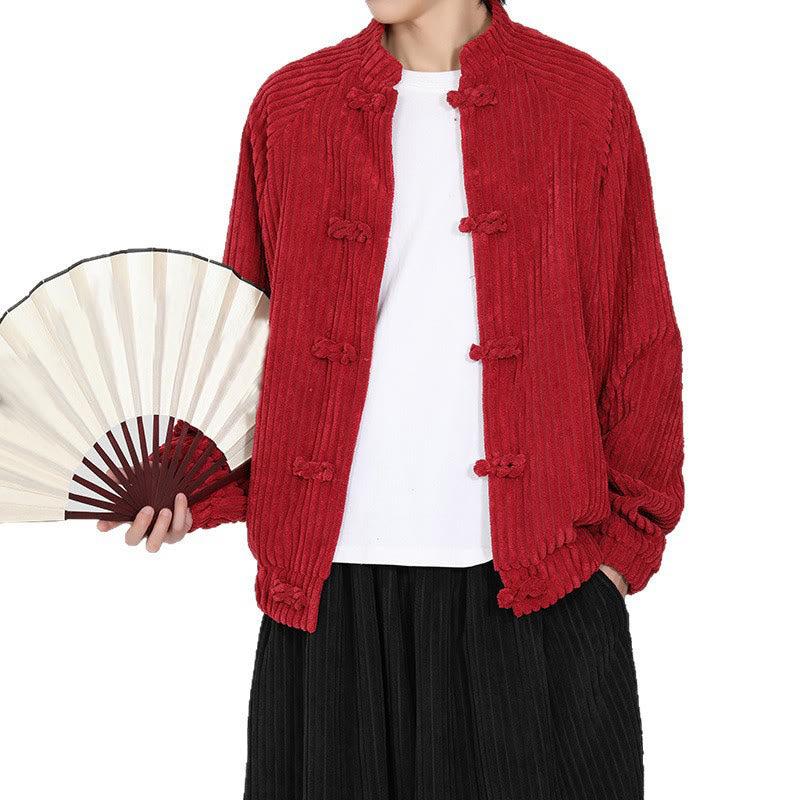 Men's Chinese Plain Frog-Button Long Sleeve Cotton Corduroy Jacket With Pockets - Image 14