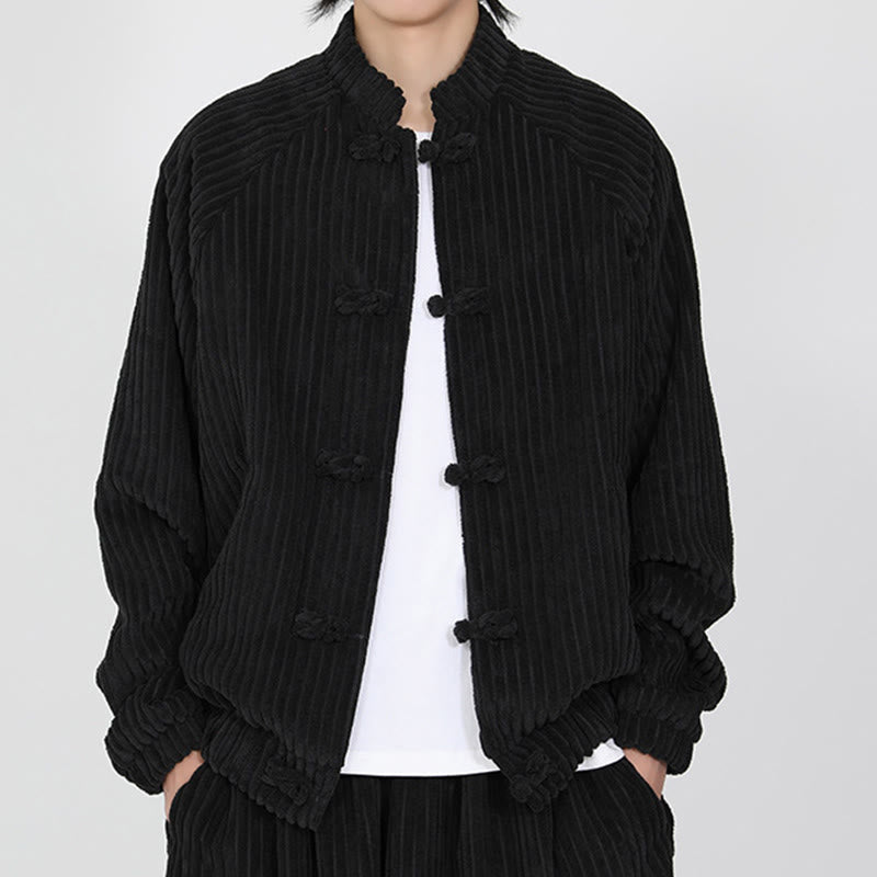 Men's Chinese Plain Frog-Button Long Sleeve Cotton Corduroy Jacket With Pockets - Image 2