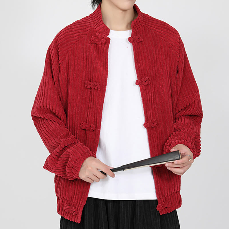 Men's Chinese Plain Frog-Button Long Sleeve Cotton Corduroy Jacket With Pockets - Image 11