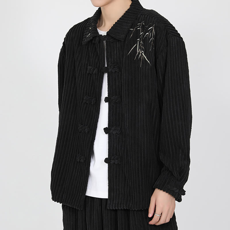 Embroidery Bamboo Pattern Frog-Button Desgin Long Sleeve Men's Cotton Corduroy Jacket - Image 5